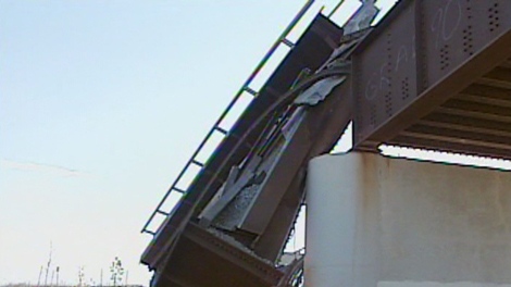 A railway bridge collapse in Lloydminster is seen in this photo taken Tuesday.