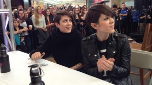 Tegan and Sara wait to sign autographs for fans during Juno Fanfare at St. Vital Centre on Saturday, March 29.