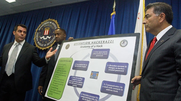 Cameron Malin, left, FBI supervisory special agent, U.S. Attorney Andre Birotte Jr., right, and Assistant Director in Charge of the FBI's Los Angeles office Steven Martinez, right, announce the arrest of Christopher Chaney, 35, of Jacksonville, Fla.at a news conference at FBI headquarters in Los Angeles, Wednesday, Oct. 12, 2011. (AP / Reed Saxon)