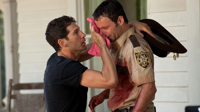 Jon Bernthal, left, and Andrew Lincoln appear in a scene from the second season of the AMC original series, 'The Walking Dead'