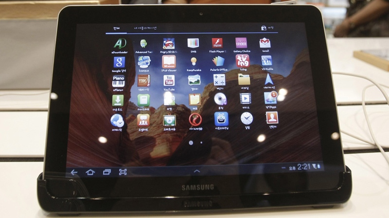 A Samsung Electronics' Galaxy Tab 10.1 is displayed at the showroom of its headquarters in Seoul, South Korea, Thursday, Oct. 13, 2011. (AP Photo/Ahn Young-joon)