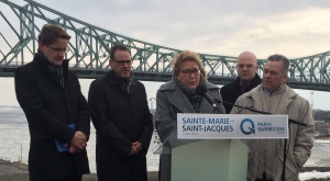 At an announcement in Montreal Wednesday, April 2, 2014, Parti Quebecois Leader Pauline Marois said a PQ government would try to make sure no one loses their job over the Charter of Values. (CTV Montreal/ Frederic Bissonnette)
