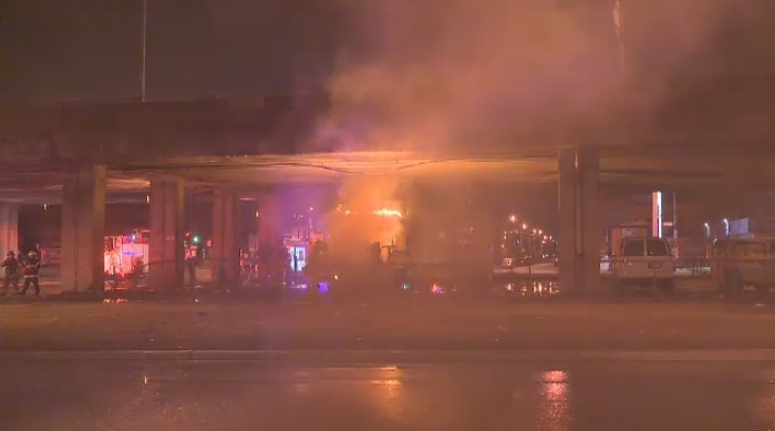 Firefighters say an RV parked under Highway 40 in the Villeray-St. Michel-Parc Extension borough was deliberately set on fire early Sunday.