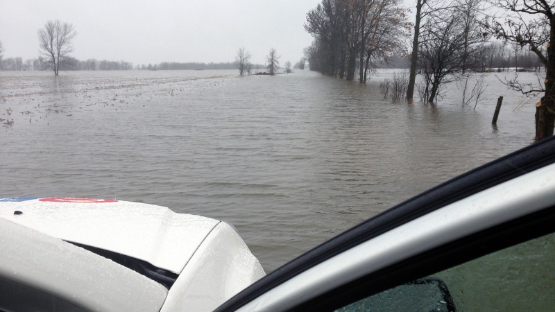 Flooding kept the CTV vehicle from going any further along Bongers Rd. in South Mountain. The area is only one of several in the region under a flood watch. (Photo: Tyler Fleming/CTV Ottawa)