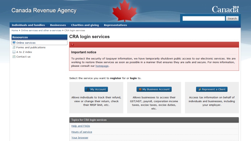 The Canada Revenue Agency has shut down public access to its electronic services website over security concerns.