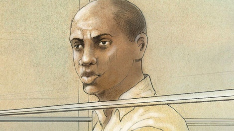 Mark Garfield Moore, 27, of Toronto, makes a court appearance as seen in this artist's rendition, Wednesday, Oct. 19, 2011.