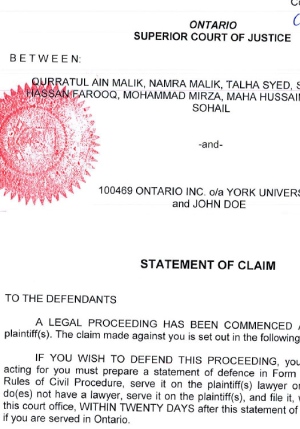 Statement of claim for York U lawsuit
