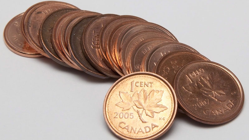 Canadian pennies are shown in Vancouver on May 26, 2010