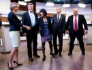 Karen Stintz, (left to right) John Tory, Olivia Chow, David Soknacki and Rob Ford shake hands before the first Toronto mayoral debate in Toronto on Wednesday, March 26, 2014. (Nathan Denette / THE CANADIAN PRESS)