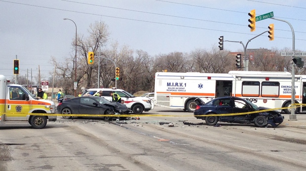 One person was sent to hospital in serious condition following a two-car crash on Bishop Grandin Boulevard at St. Anne's Road on Sunday.