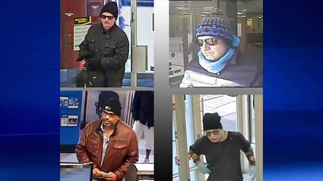 From top left, clockwise, the "Man In Black", "Boxcutter", "Mummy Bandit" and "Pleather Bandit" are see in this photo provided by Toronto Police Service.