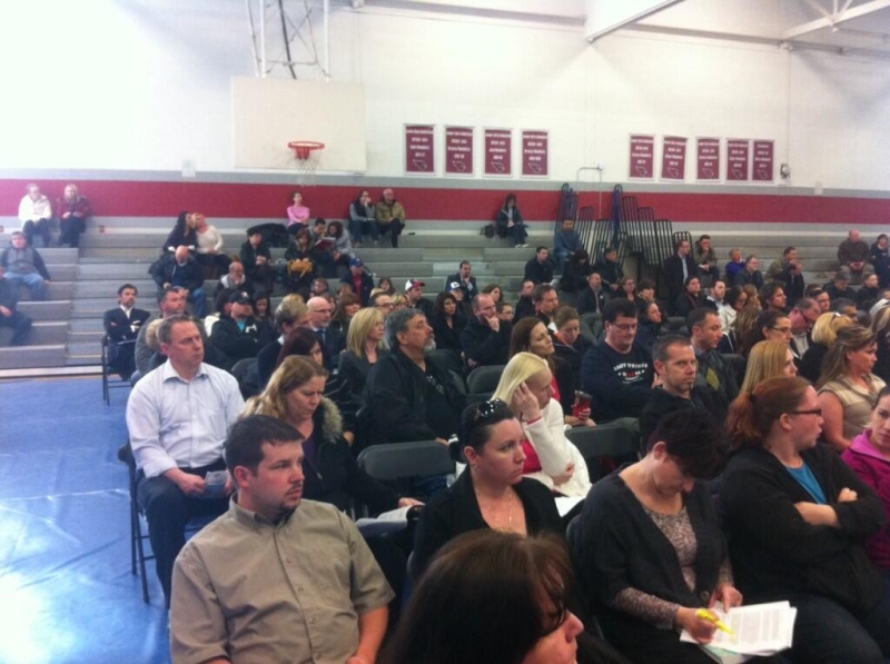 Parents wait for a public Windsor-Essex Catholic District School Board meeting to start at F. J. Brennan in Windsor, Ont. on Tuesday, April 15, 2014. (Jason Viau/ CTV Windsor)