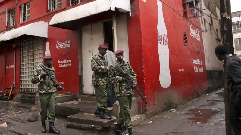 Kenyan police are seen patrolling outside a Nairobi pub on Oct. 24, 2011