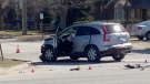 One of two vehicles involved in a crash in Collingwood that sent a pedestrian to hospital is seen April 19, 2014. (Dave Erskine / CTV Barrie)