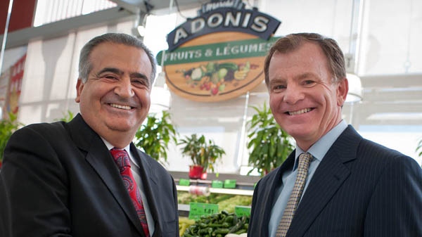 Jamil Cheaib, one of the three founders of Adonis shakes hands with Eric La Fl�che head of Metro Inc at the announcement of the partnership of the two grocers. PHOTO La Presse Canadienne Images/Metro Inc.