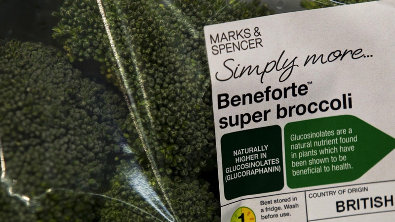 In this photo taken Wednesday, Oct. 12, 2011, a pack of Beneforte super broccoli is shown at a branch of Marks & Spencer in London. (AP Photo/Matt Dunham)