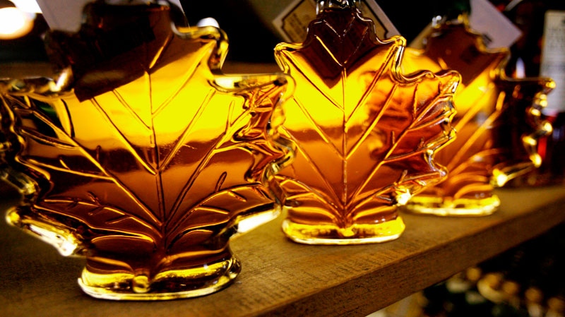 Maple syrup bottles are seen on a shelf at the Morse Farm Maple Sugarworks in East Montpelier, Vt., on Feb. 25, 2009. (AP / Toby Talbot)