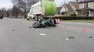 One man is dead following a crash between a moped and a recycling truck in Tillsonburg, Ont., as seen in this photo provided by OPP.