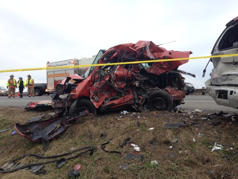 Two people have been transported to hospital with life-threatening injuries after a serious multi-vehicle collision on Highway 403. A section of the highway has been closed as police investigate the crash. (Photo courtesy: Jason Pike)