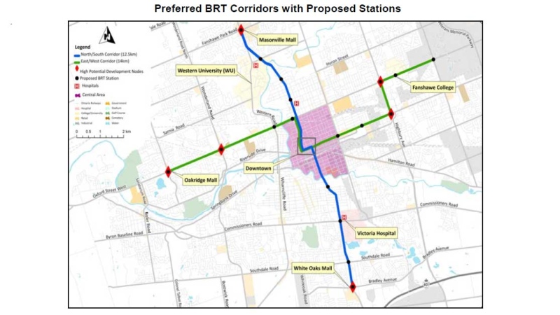 A map from the London Transit Commission shows preferred routes for bus rapid transit. (Courtesy ltconline.ca)