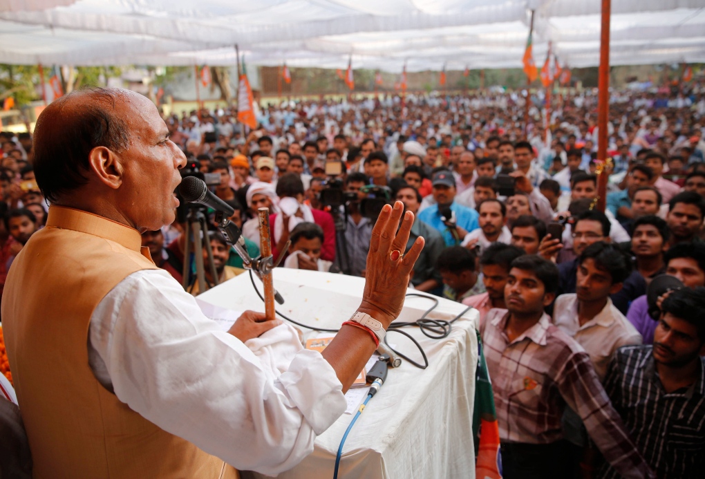 President Rajnath Singh addresses supporters 