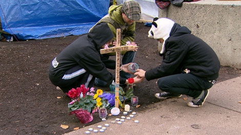 Participants of Occupy Vancouver mourned the death of 23-year-old Ashlie Gould, a Victoria resident who died at the encampment on Saturday. Nov. 6, 2011. (CTV)