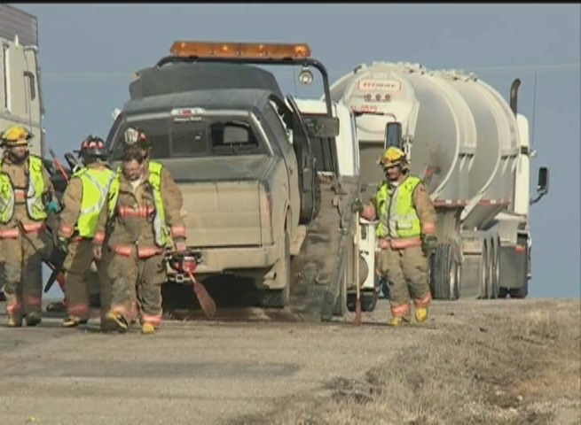 One person was taken to hospital after a collision between a pickup truck and a semi-trailer Friday morning on Highway 11 near Lumsden.