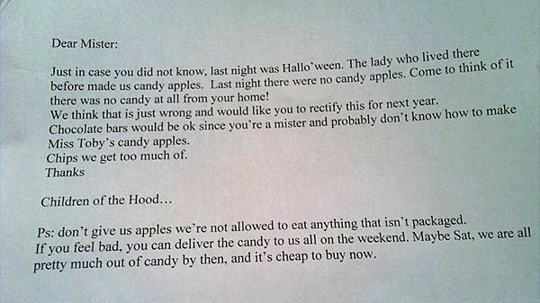 The anonymous letter about Halloween treats to new Oshawa homeowner Tom Ibbitson that provoked his ire.