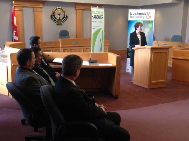 The team behind midwestern Ontario's first medical marijuana facility listen to a speaker in Hanover, Ont. on Monday, May 5, 2014. (Scott Miller / CTV London)