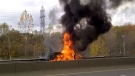 Car crashes and catches fire on the DVP in Toronto Thursday.