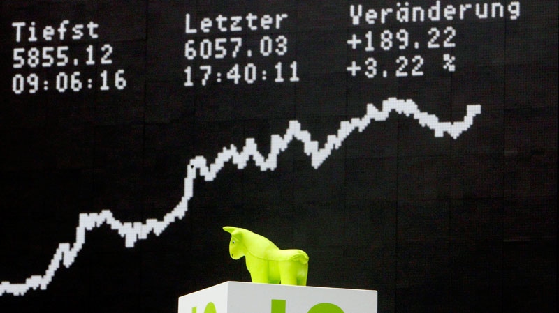 A plastic toy bull stands under the DAX curve at the stock market in Frankfurt, Germany, Friday, Nov.11, 2011, when the German stock index DAX went over 6000 points at the end of the week. (AP / Michael Probst)
