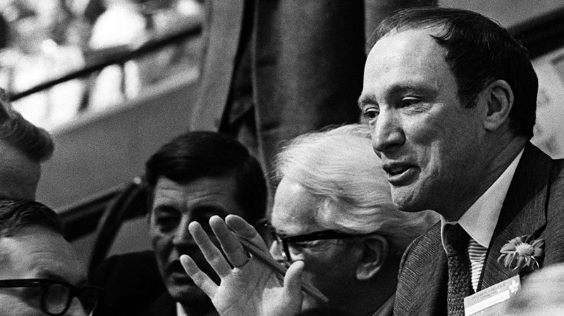 Pierre Elliott Trudeau, 46, Canadian Justice Minister, had reason to smile after first round voting in the Liberal Party of Canada leadership convention in Ottawa April 6, 1968. He led his nearest opponent by more than 400 votes. (CP PHOTO/ Chuck Mitchell)