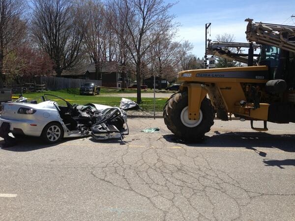 There was a fatal crash involving car and farm vehicle in Otterville, Ont. on Sunday, May 11, 2014. (Bryan Bicknell / CTV London)