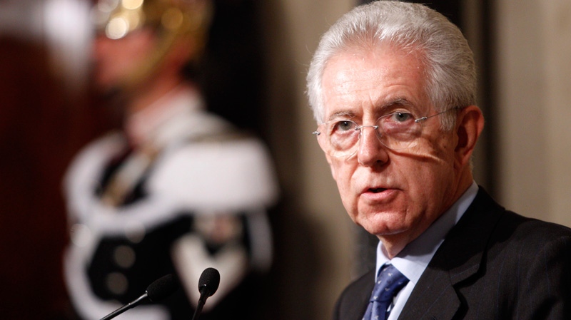 Italy's new premier-designate economist Mario Monti meets with journalists at the Quirinale Presidential Palace after talks with Italian President Giorgio Napolitano in Rome, Sunday, Nov. 13, 2011. (AP / Pier Paolo Cito) 