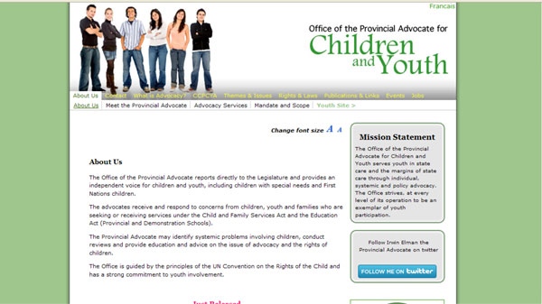 The website for the Provincial Advocate for Children and Youth is shown.