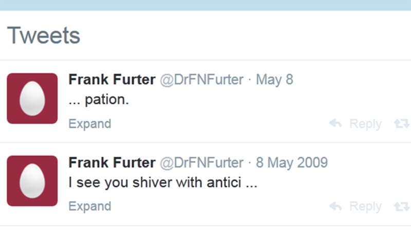 A pair of tweets from the Twitter account @DrFNFurter are pictured. A joke from the account holder was completed on May 8, 2014. (@DrFNFurter / Twitter)