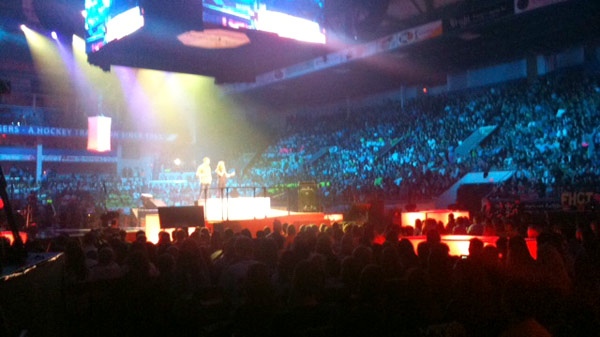 Participants take to the stage during We Day celebrations at The Aud in Kitchener, Ont. on Wednesday, Nov. 16, 2011. (Phil Molto / CTV News)