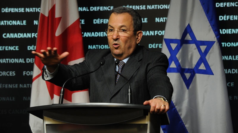 Israel's Defence Minister Ehud Barak responds to a reporter's question as he takes part in a press conference with Canada's Minister of Defence Peter MacKay at National Defence Headquarters in Ottawa, on Wednesday, November 16, 2011.