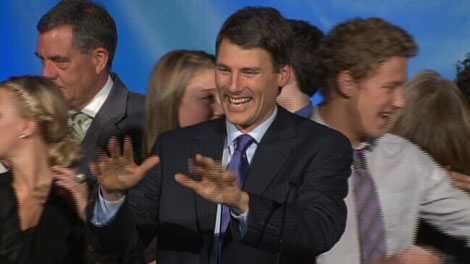 Vancouver Mayor Gregor Robertson celebrates his re-election with family and fellow Vision Vancouver members. Nov. 19, 2011. (CTV)