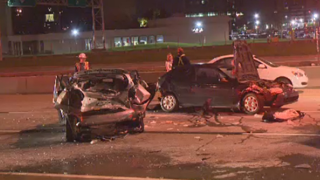Wrecked cars sit on Highway 40 in Pointe Claire