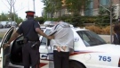 A man is taken into custody following an early-morning raid at 125 Western Battery Rd. in Toronto, Wednesday, May 28, 2014.