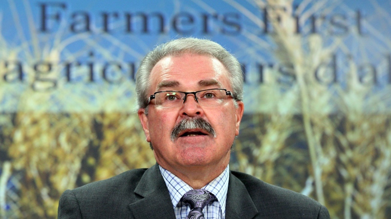 Federal Agriculture Minister Gerry Ritz holds a news conference in advance of the final vote in the House of Commons on the Marketing Freedom for Grains Farmers Act, Monday Nov. 28, 2011. (Fred Chartrand / THE CANADIAN PRESS)