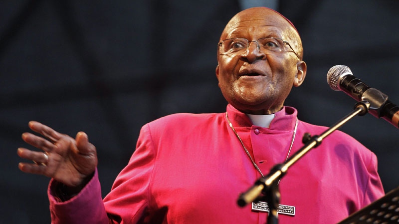 South African Archbishop Desmond Tutu speaks during a climate justice rally held in Durban, South Africa on Nov 27, 2011