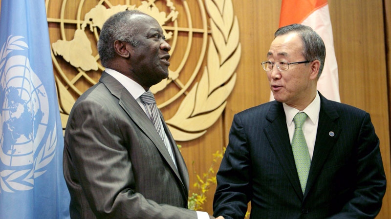 Ivory Coast President Laurent Gbagbo, left, meets United Nations Secretary-General Ban Ki-Moon at the United Nations in New York on April 16, 2008. (AP / Bebeto Matthews)