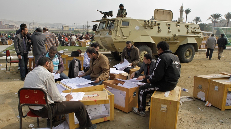 Election officials count ballots for the parliamentary elections in Cairo, Egypt, Wednesday, Nov. 30, 2011. (AP / Amr Nabil)