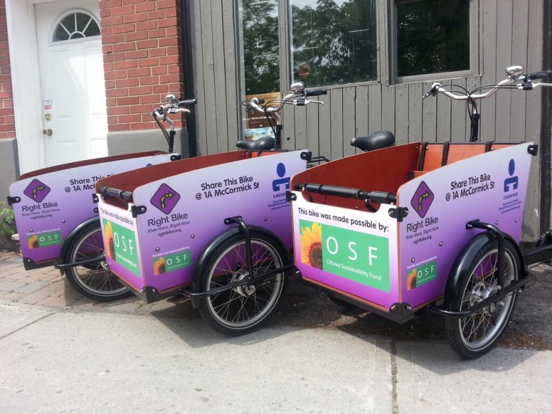 Cargo bikes available for rent through Ottawa's RightBike bike share service.