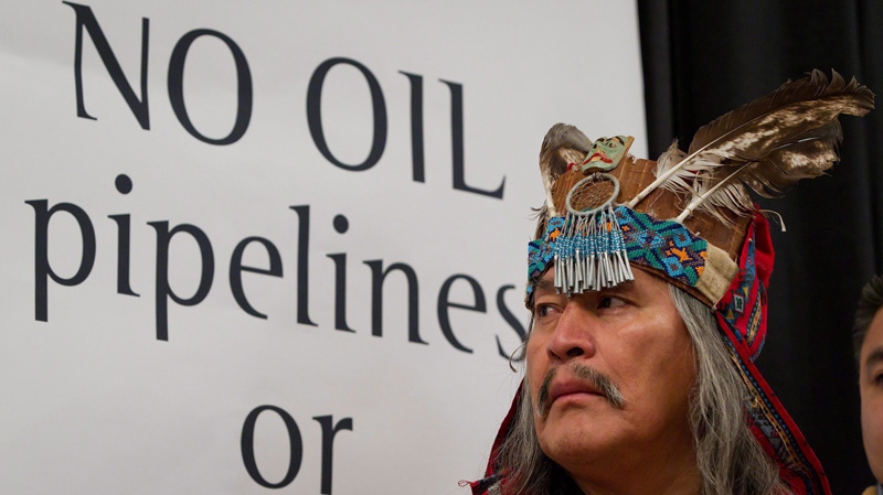 Chief Martin Louie, of the Nadleh Whut'en First Nation, looks on during a signing ceremony of a declaration opposing a crude oil pipeline and tanker expansion in Vancouver on Thursday Dec. 1, 2011.(Darryl Dyck / THE CANADIAN PRESS)