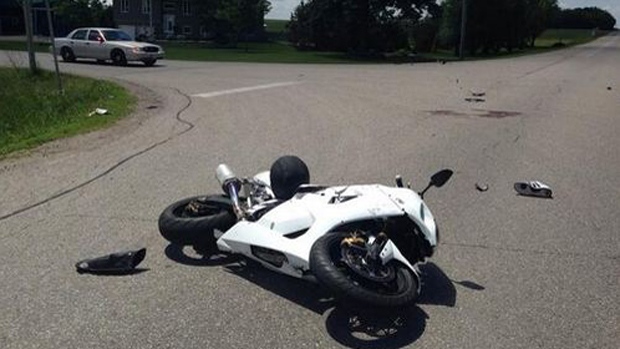 A damaged motorcycle that was involved in a crash on Perth-Oxford Road just east of Tavistock. - June 13, 2014 (Dan Lauckner/CTV Kitchener)