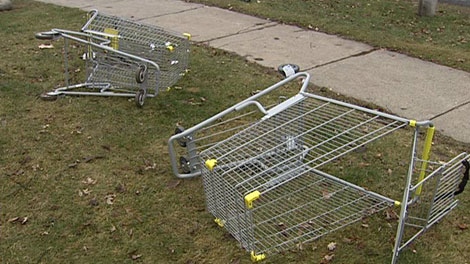Abandoned shopping carts like these on Jasmine Crescent could lead to legal trouble for the city, according to one councillor Wednesday, Dec. 7, 2011.