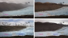 This combo of four photo grabs taken form a video released by the private organization 'Centro de Estudios Cientificos', CECs, shows the retreat of the Jorge Montt glacier in Chile's Patagonia in a year time period, from Feb. 2010 until Jan. 2011. (AP Photo/Centro de Estudios Cientificos)